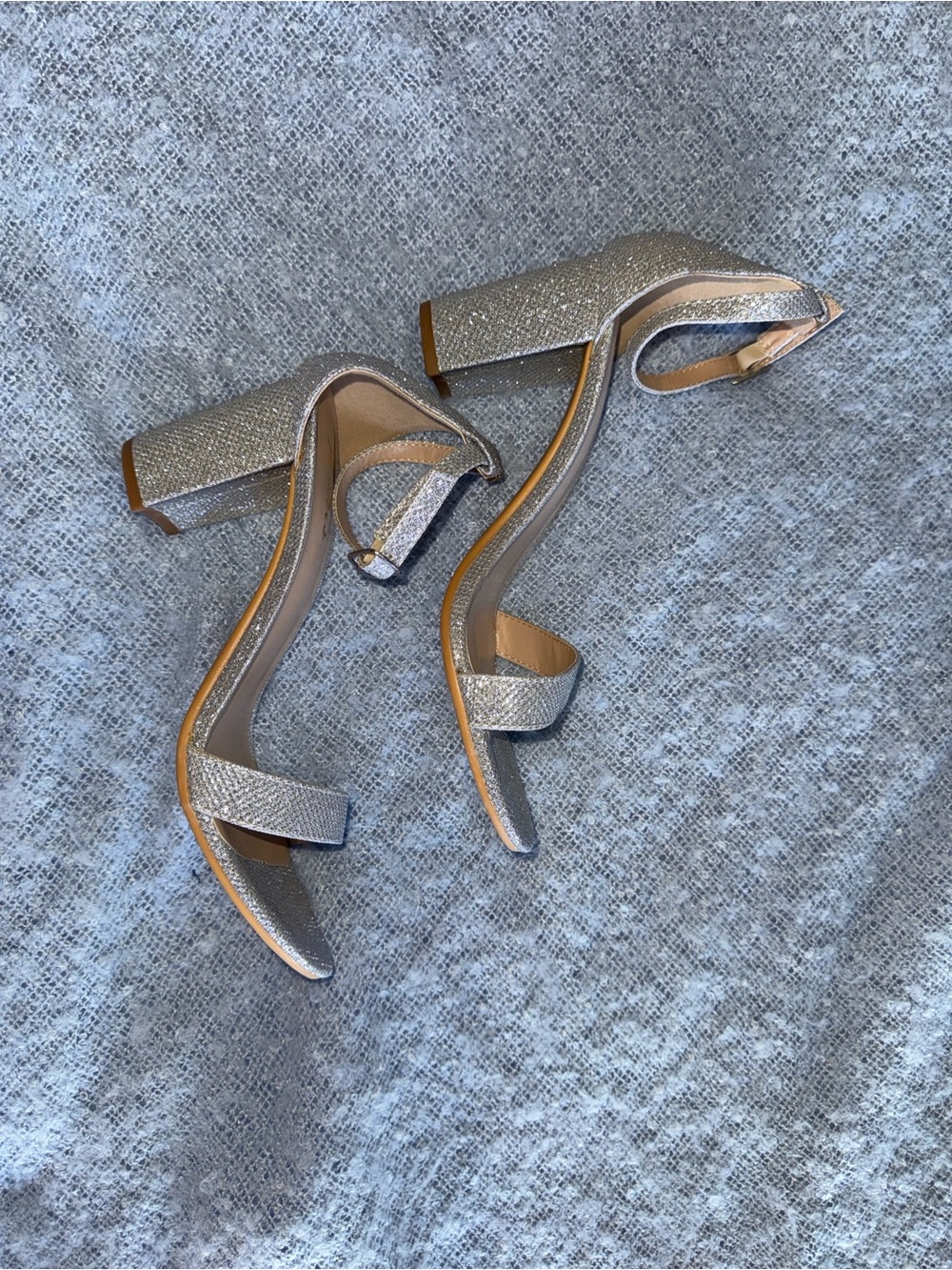 Silver Glitter Block Heel Sandals for Women - Sparkle Ankle Strap
